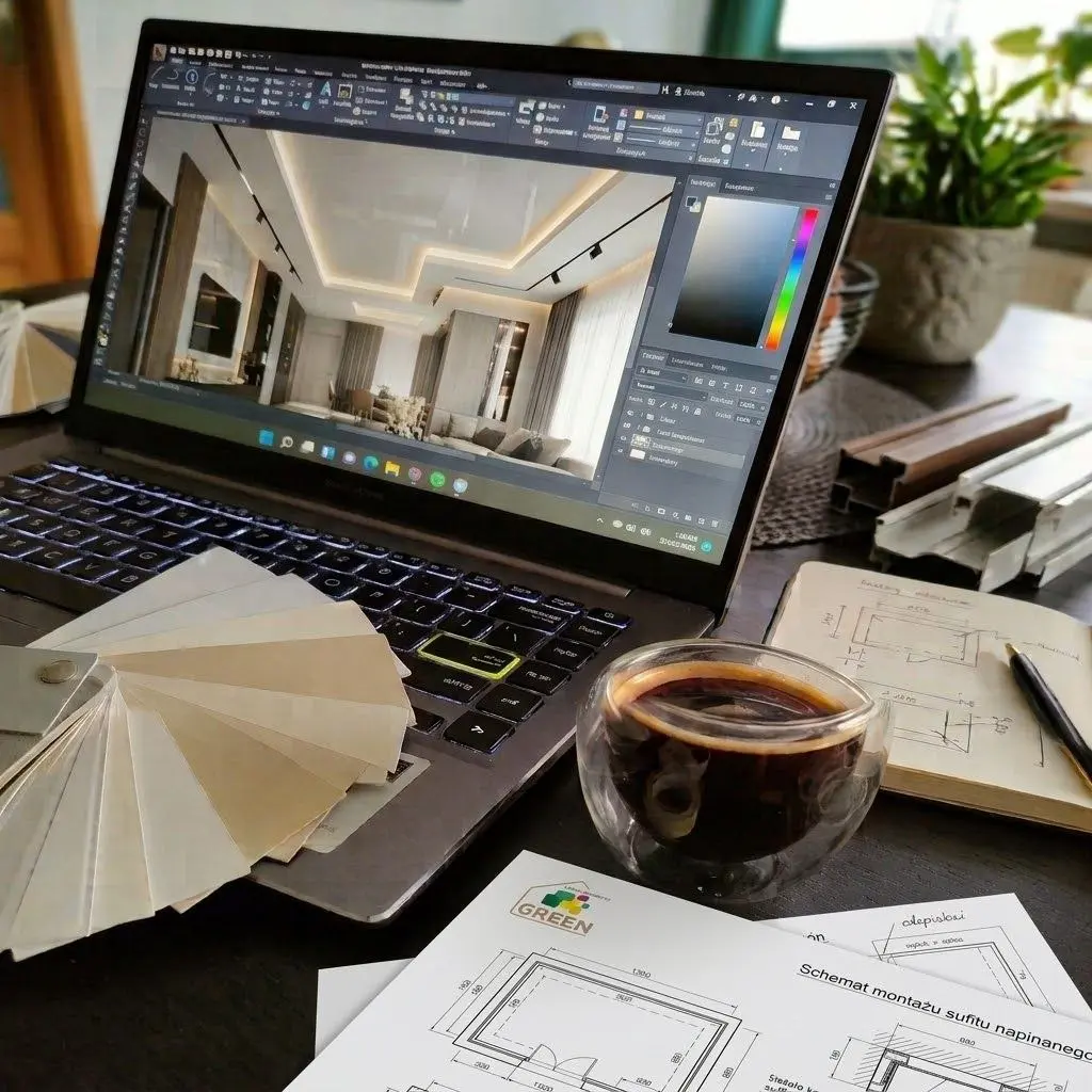 Laptop z projektem sufitu napinanego, wzornik folii, profile aluminiowe i schemat montażu sufitu napinanego GREEN
